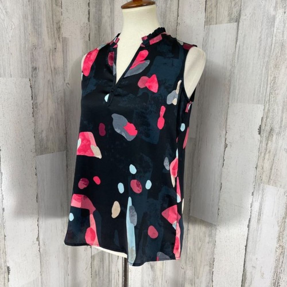Nic + Zoe Women's Black Pink Print V Neck Sleeveless Shirt Top Blouse Sz XS